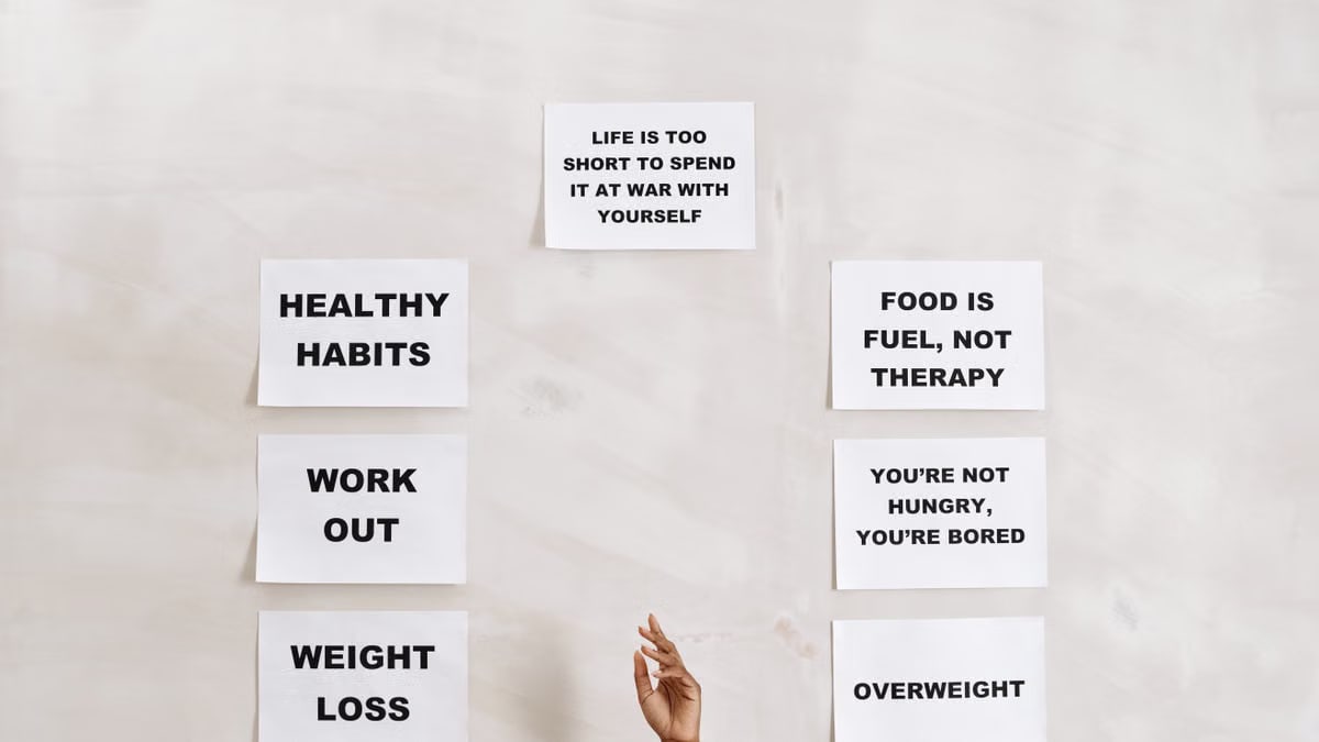 Collection of motivational quotes promoting healthy habits and mental well-being.